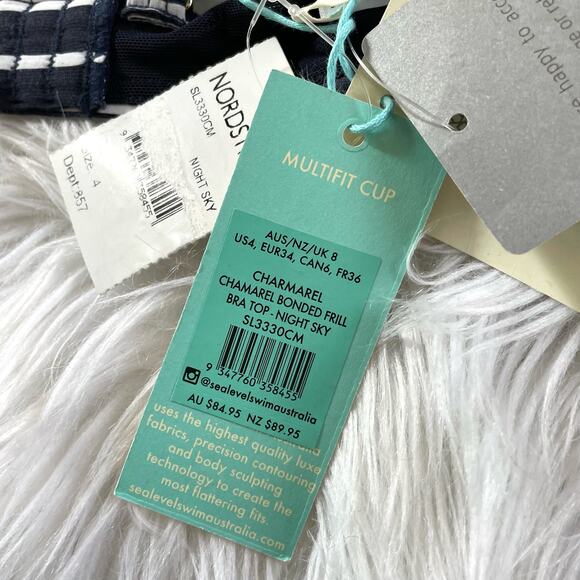 Sea Level Navy Blue Stripe Frill Ruffle Bikini Swim Swimsuit Top womens 4 XS new - Picture 11 of 14